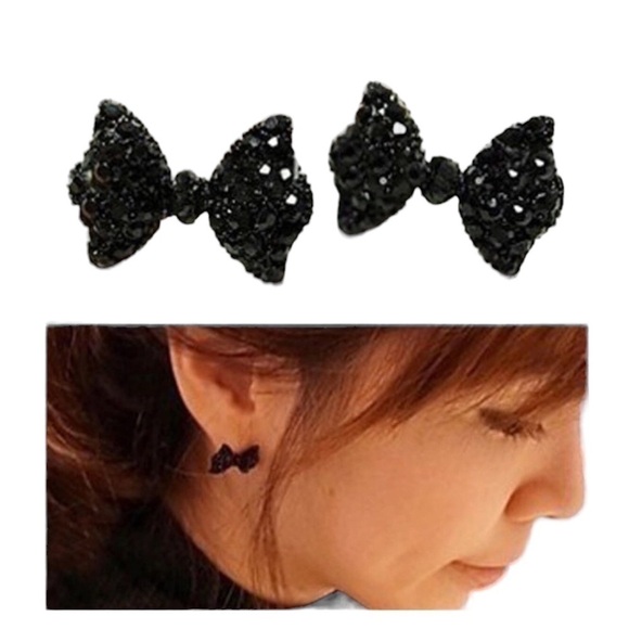 DAINTY BLACK RHINESTONE BOWTIE STUD EARRINGS #315 - Picture 2 of 2